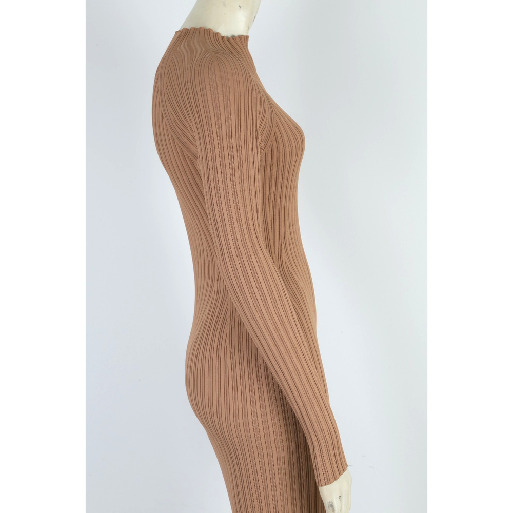 KHAITE The Cedar Fringed Ribbed Knit Long Sleeve Maxi Dress Camel Tan Size S - Picture 13 of 15